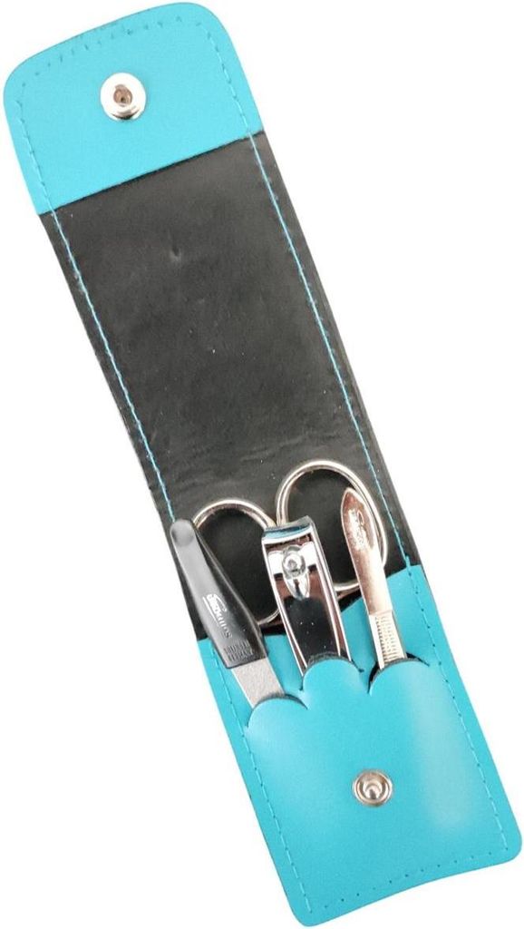 4-teiliges Solingen* Maniküre Set mit echt Leder Etui, Nagelschere, Feile, Pinzette Türkis