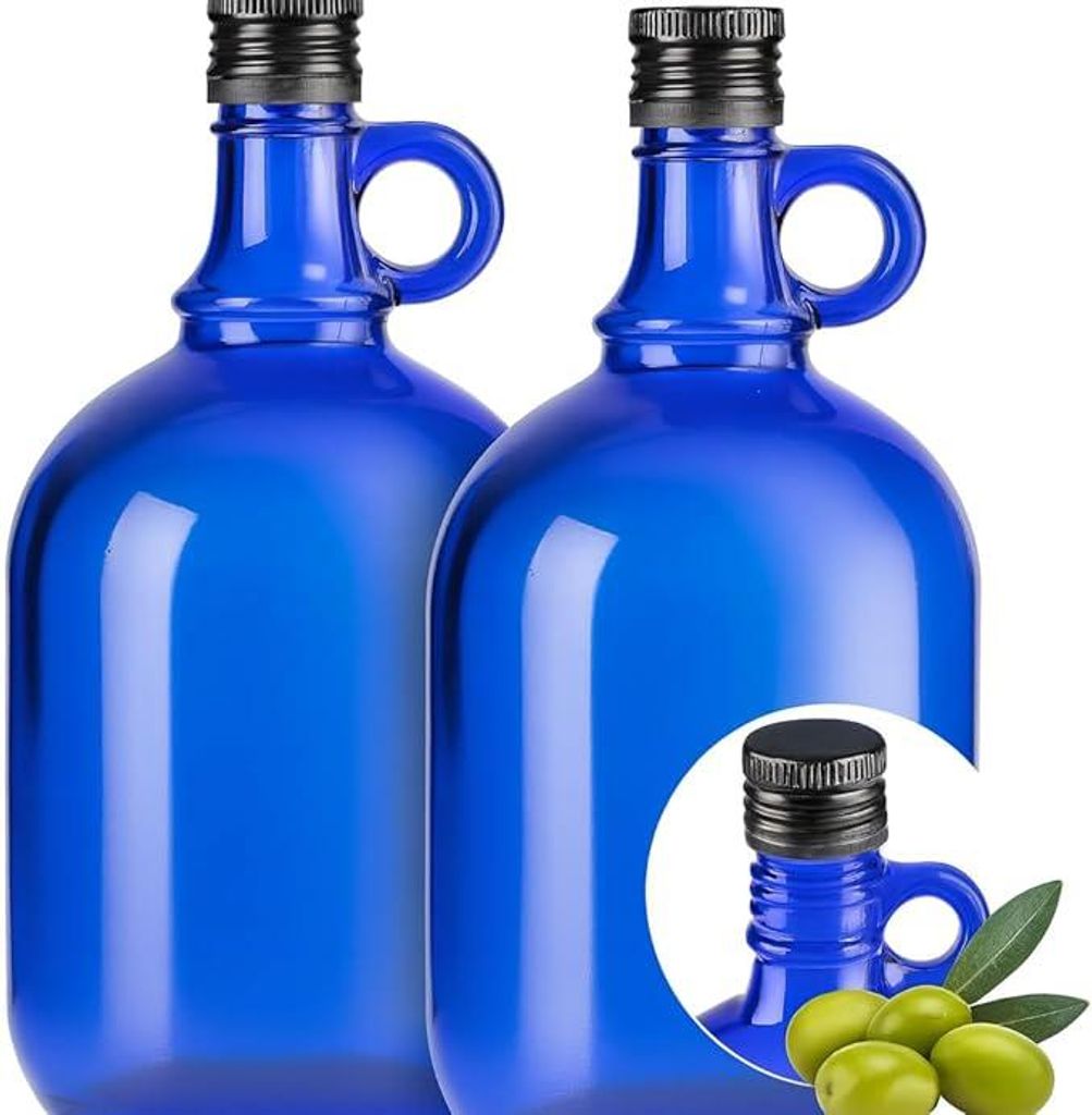 Blaue Glasflasche 1 L mit Ausgießer & Schraubverschluss – Produktbild 