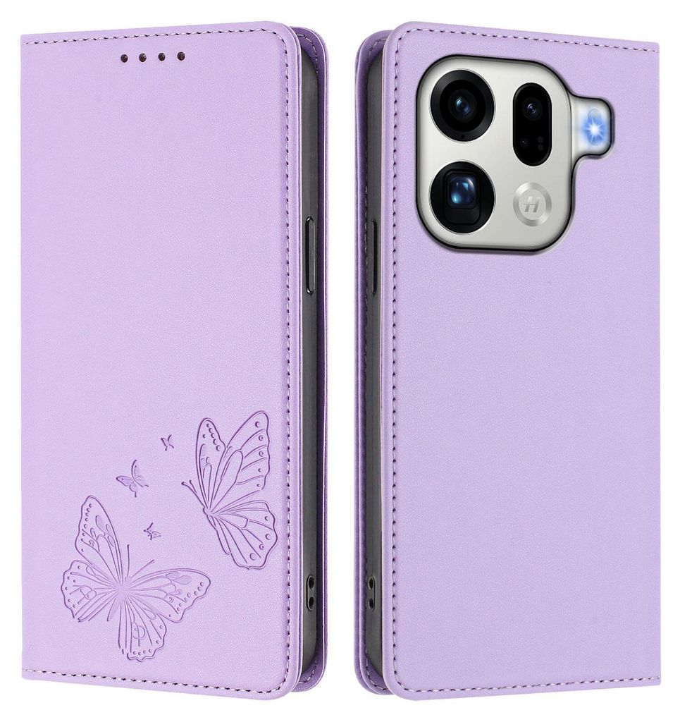 Lederhülle für Oppo Find X9 Pro, Schmetterling Prägung Leder Brieftasche Schutzhülle mit Ständer Violett
