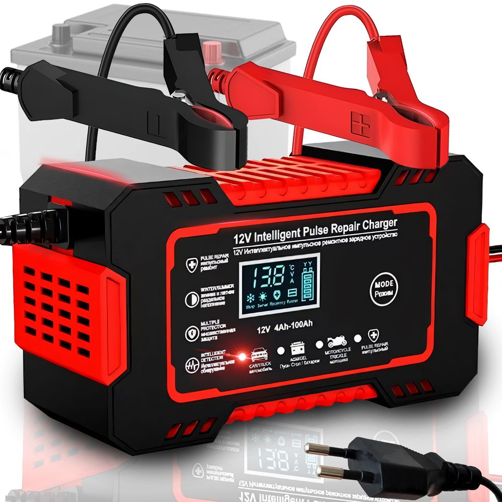 A car battery charger is shown connected to a car battery.