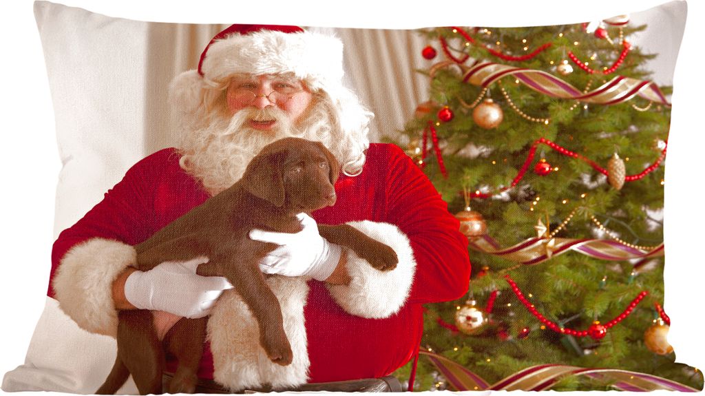 MuchoWow Zierkissen Sofakissen Wohnzimmer Dekokissen 60x40 cm Der Weihnachtsmann mit einem braunen Hund in den Händen - Kopfkissen - Polster mit...