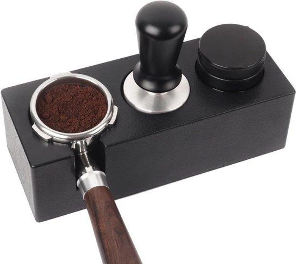 Espresso-Tamping-Stand für Portafilters und Distributoren, 54-58mm, Anti-Slip, Zweisitziger Stand aus Edelstahl, Schwarz