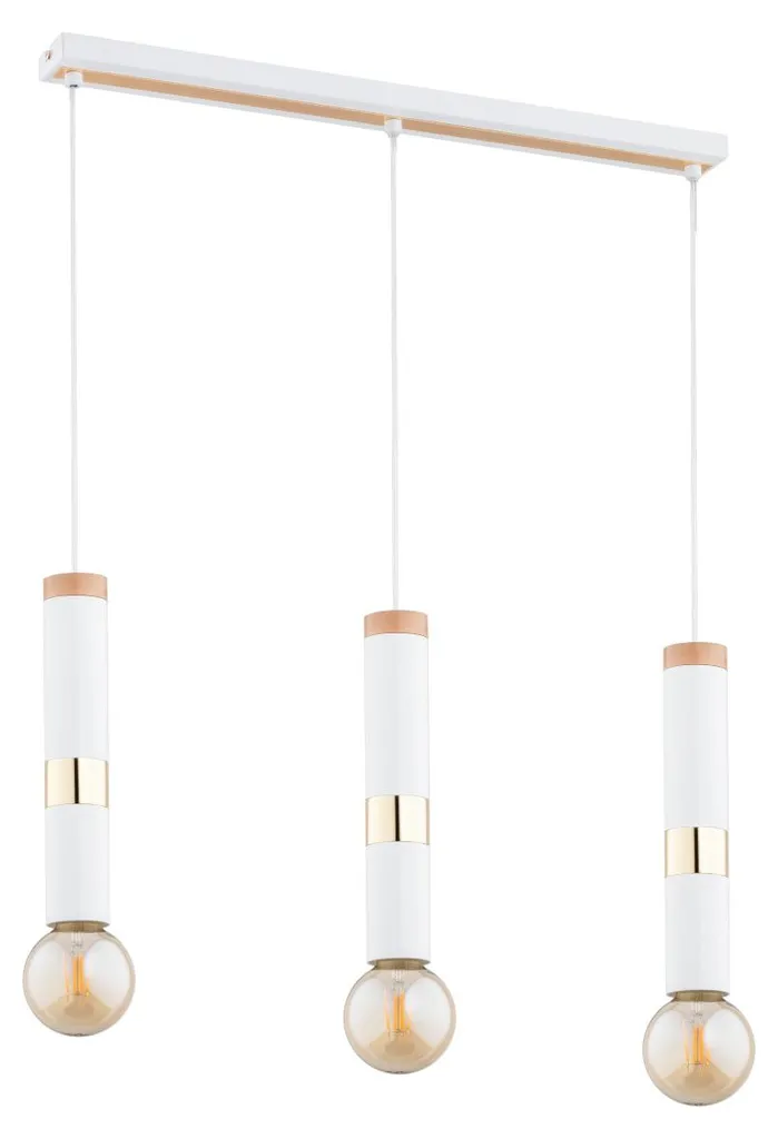 Suspension 3xE27 DEKOR 90x60 cm Métal Blanc avec Détails Bois Naturel