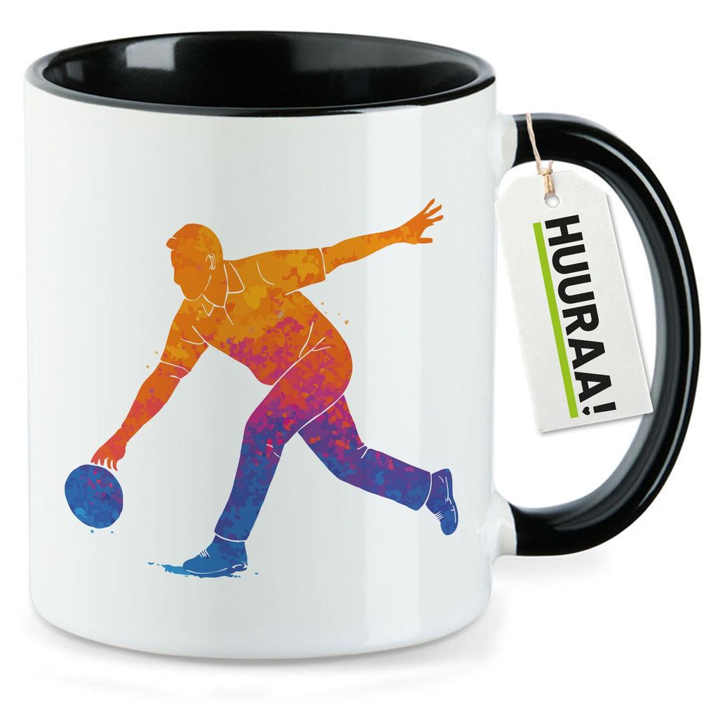 Huuraa Kaffeetasse Bowling bunte Silhouette 330ml Schwarz Keramik Kaffeebecher Geschenkidee