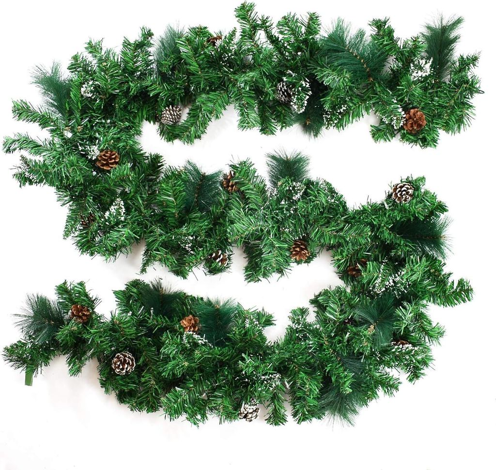 Kerstslinger Dekoration mit 27 m Schnee und Tannenzapfen - Kunst-Tannengirlande für Hausdekoration - Treppen- und Tischdekoration - Natürliche Lo...