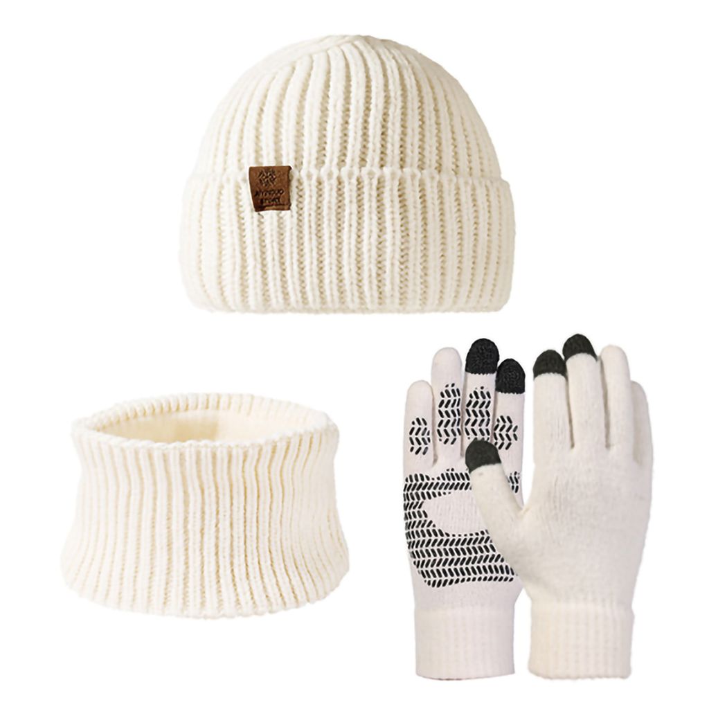3 Teile/satz Uni Winter Beanie Hut Lange Schal Touchscreen Handschuhe Set Einfarbig Warm Stricken Hals Wärmer Fäustlinge Saum hut Set-Weiß