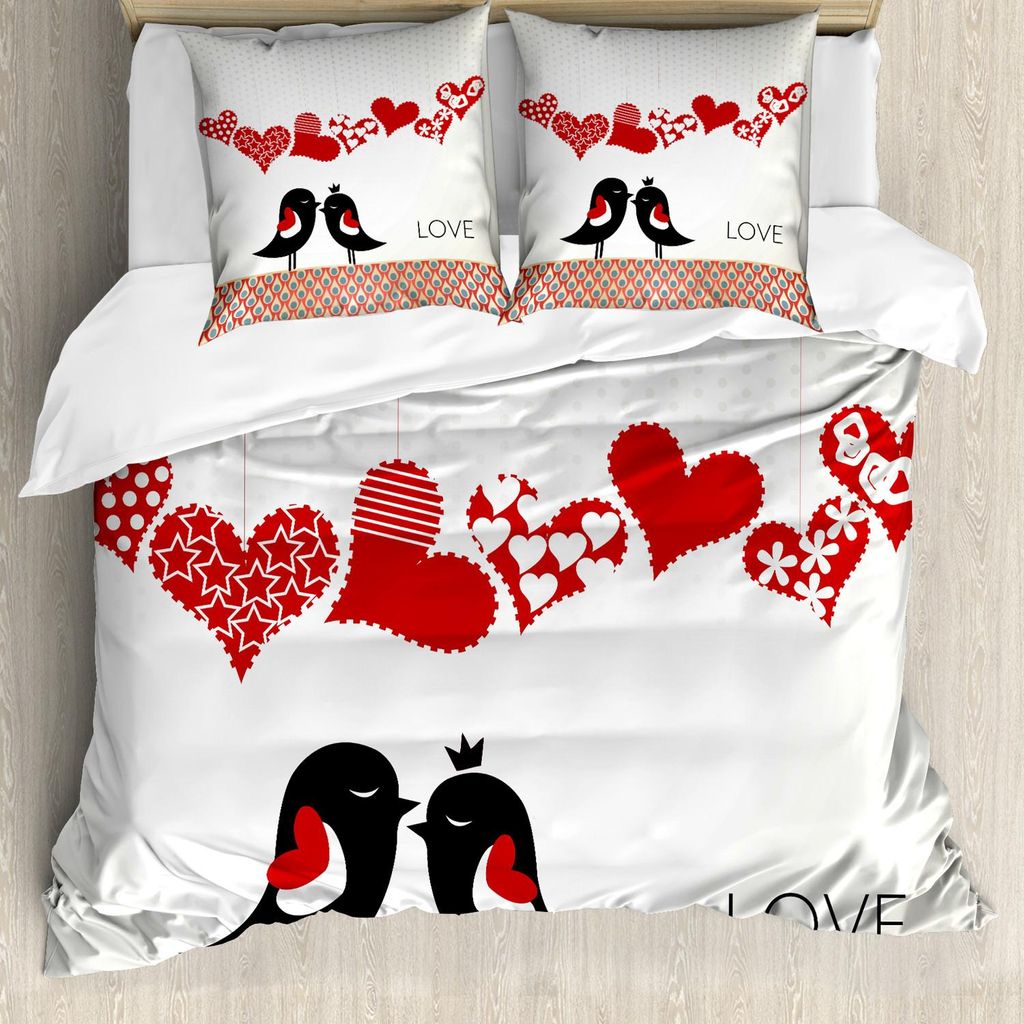 ABAKUHAUS Liebe Bettbezug Set, Königin-und König-Vogel-Paare, die hängende Herz-Formen und abstraktes Tropfen-Muster küssen, 155 x 220 cm + 80 ...