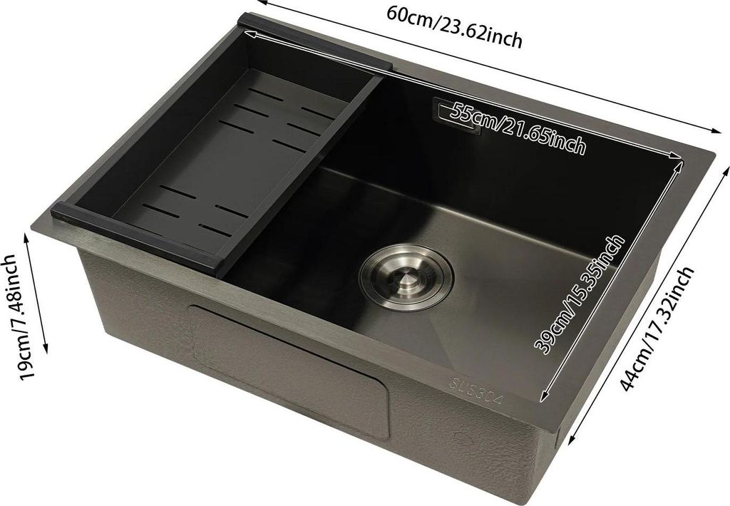 Küchenspüle - Einzelbecken - Edelstahl 304 - 60 x 44 x 19 cm - Siebkorb & Ablaufschlauch - 1 Loch - Ohne Armatur - Schwarz
