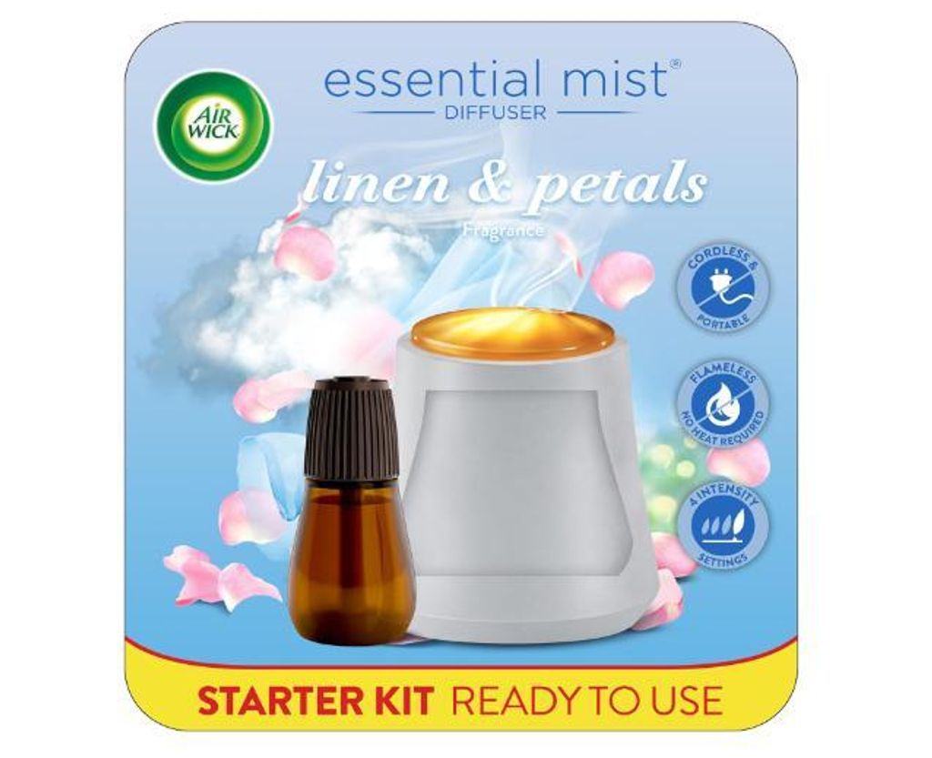 Air Wick Essential Mist Starter Kit (Gadget + 1 Nachfüller), Leinen & Blütenblätter, Lufterfrischer, ätherische Öle