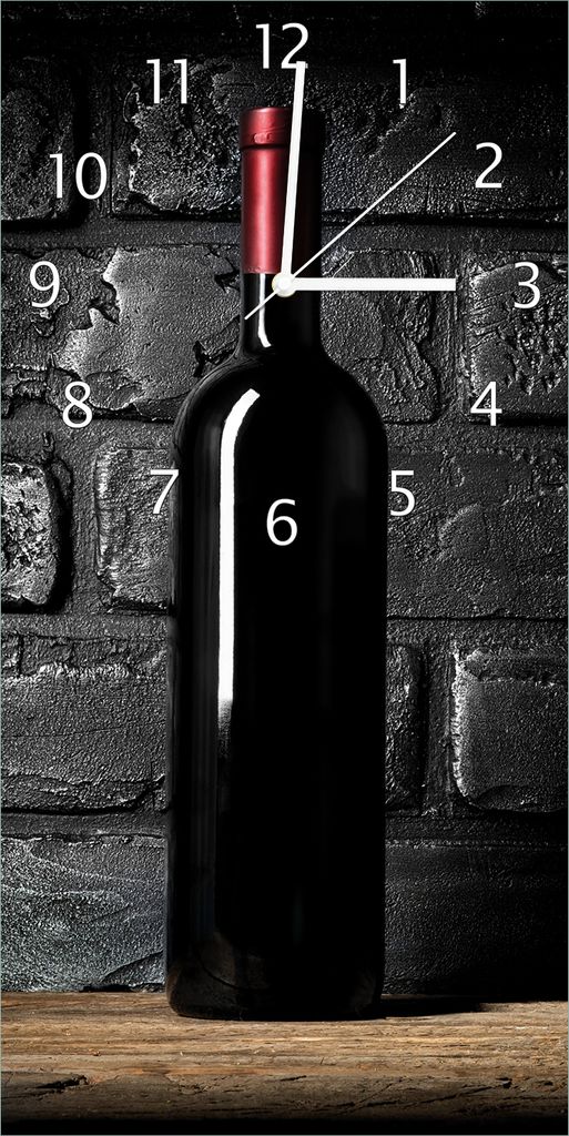 Wallario Design Wanduhr Rotwein-Flasche am Abend aus Produktbild 