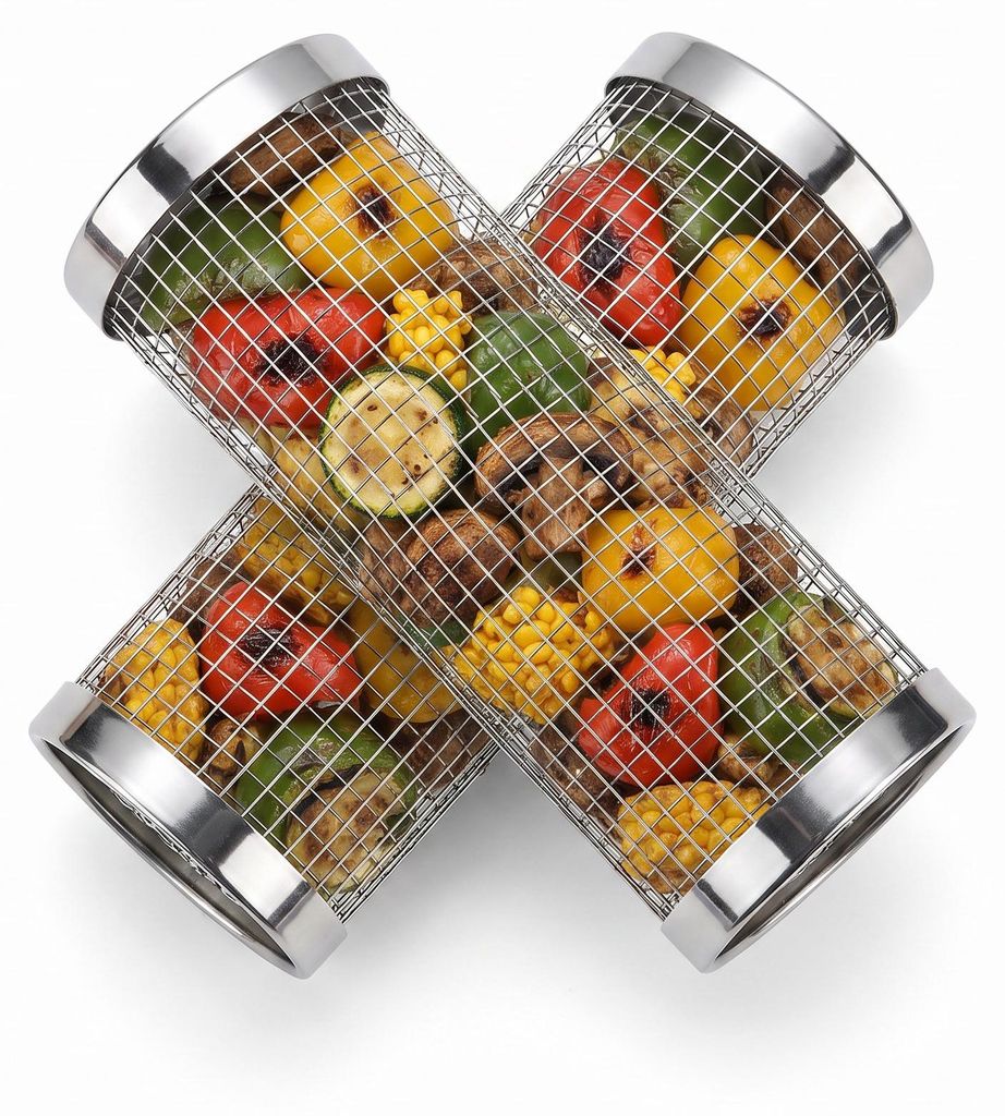 Grillkorb Edelstahl rund – Zylinder Grillnetz mit Griff für Produktbild 
