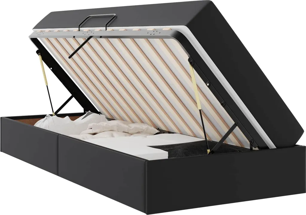 Lit double cuir noir avec matelas et coffre de rangement gain de place