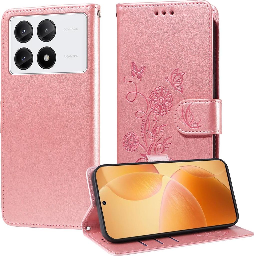 Mobigear Flowers POCO X6 Pro Hülle Klapphülle Geldbörse - Roségold