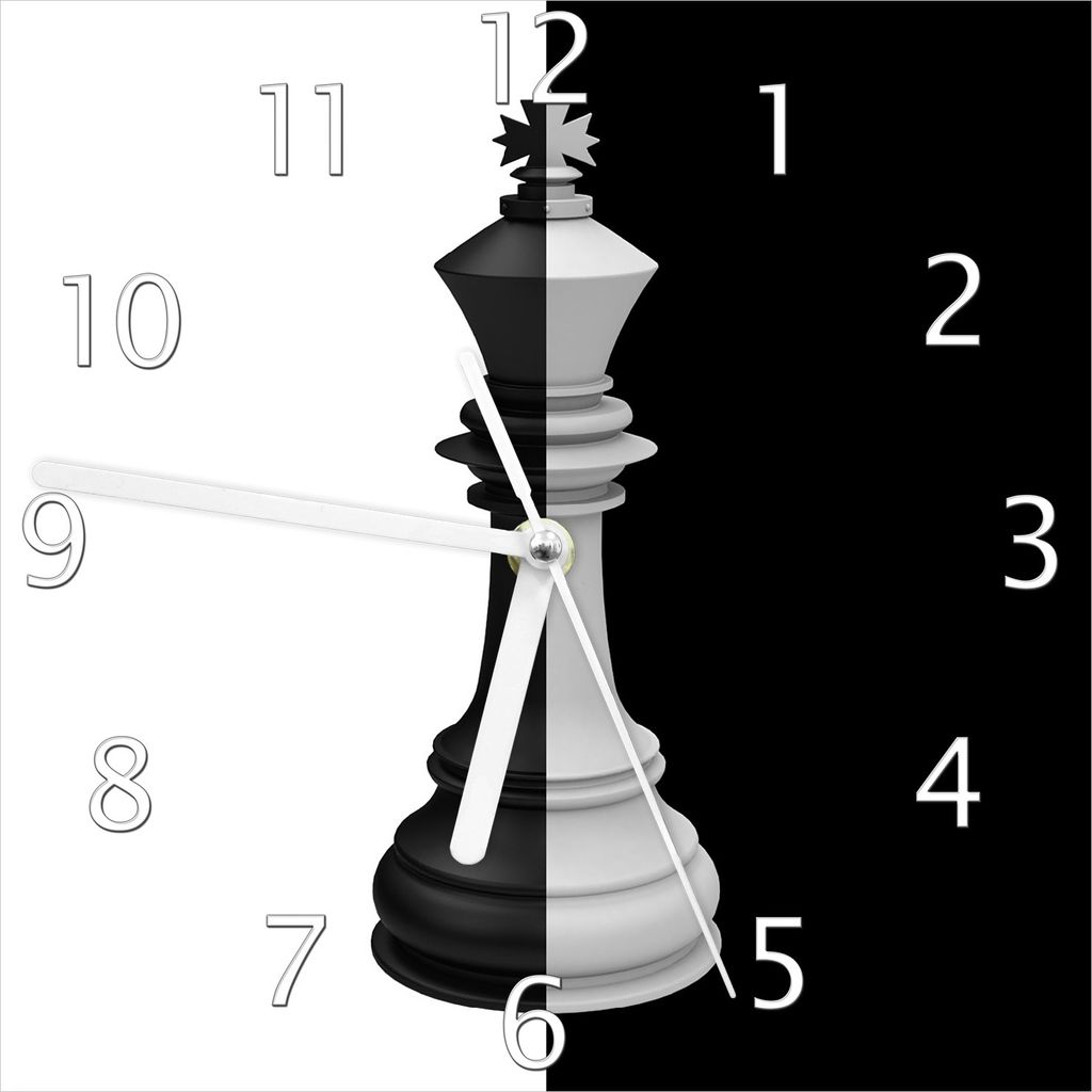 Wallario Design Wanduhr Schachfigur schwarz-weiß aus Echtglas, Größe 20 x 20 cm