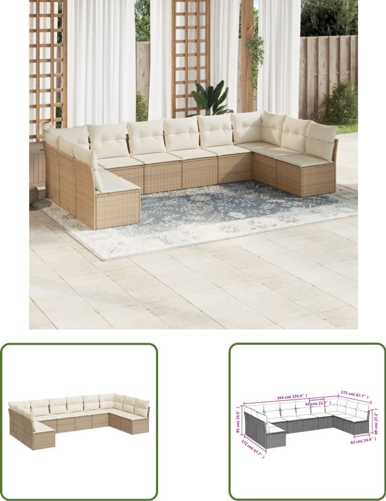 The Living Store 10-tlg. Garten-Sofagarnitur mit Kissen Beige Poly Rattan