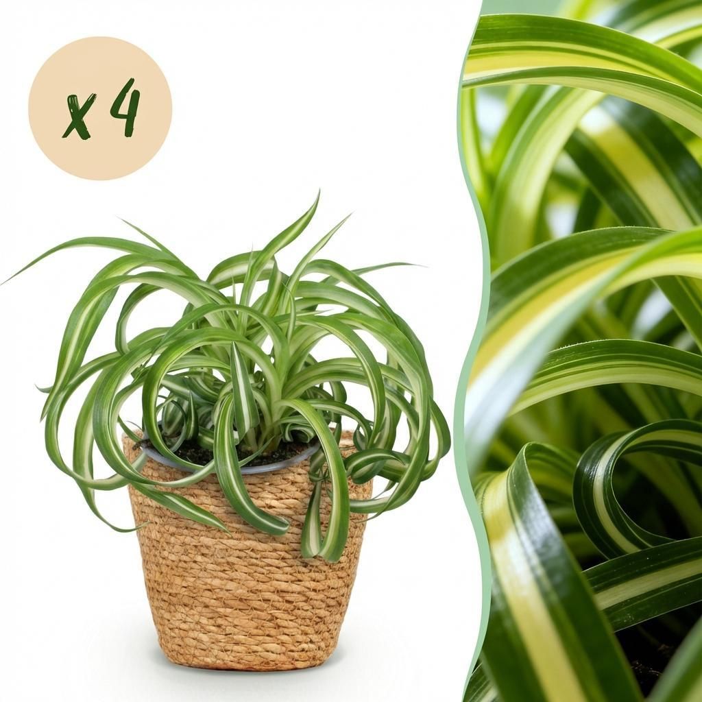 Green boutiQ - Zimmerpflanze - Chlorophytum comosum Bonnie - Lockige Graslilie - Haustierfreundliche Pflanze - Grün - 4 Pflanzen - mit Korb - Topf...