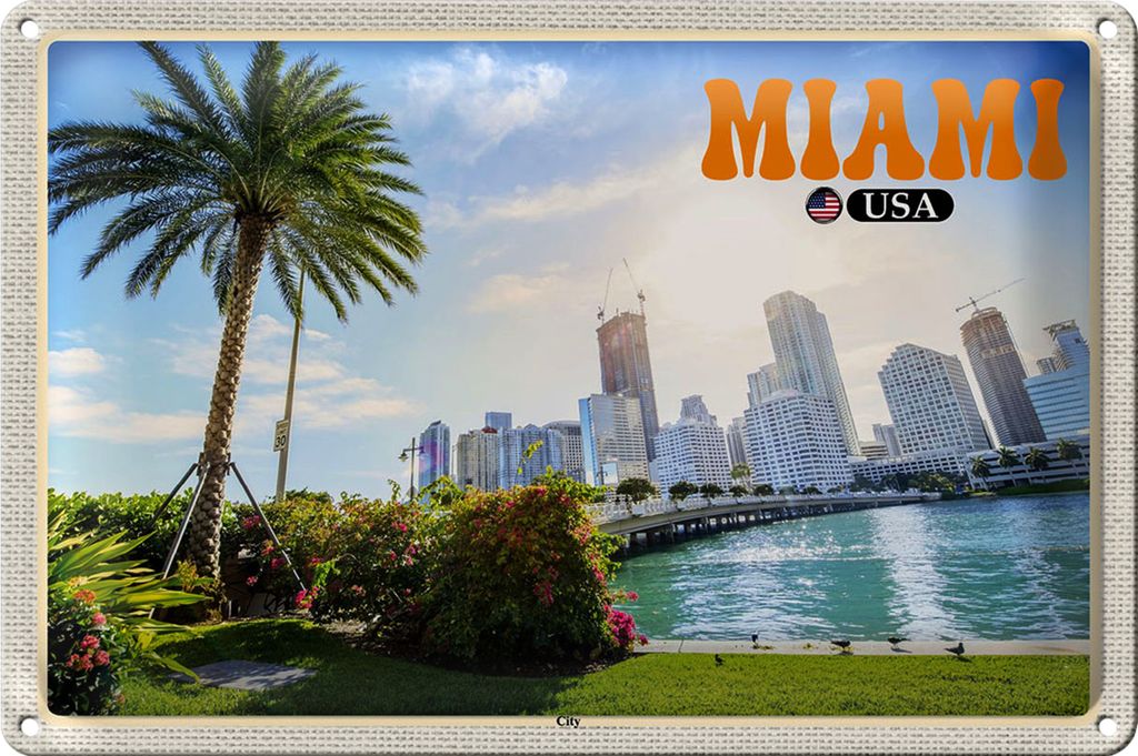 Blechschild Reise 30x20cm Miami USA City Stadt Meer Palme Urlaub