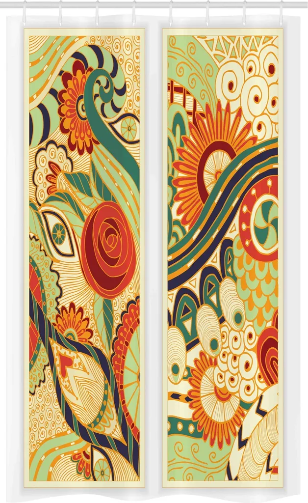 ABAKUHAUS Tenda da doccia stretta in batik, motivo floreale a mosaico, set decorativo per bagno in tessuto con ganci, 120 x 180 cm, giallo chiaro e rosso cinabro