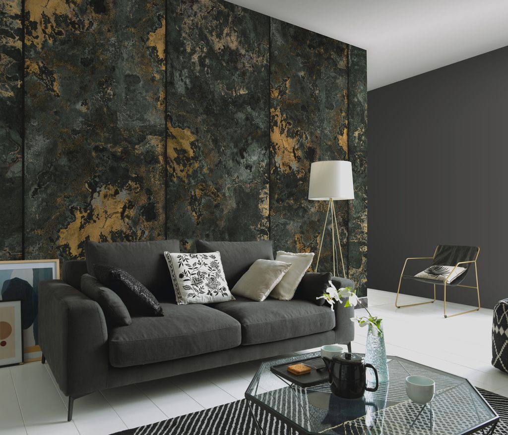 NEWROOM Tapete Gold Vliestapete Acryl - Mustertapete Modern Gelb Grau Marmor Kunst Marmoroptik