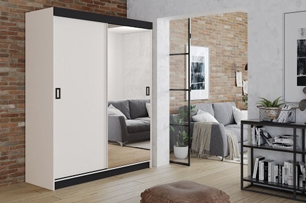 FurMeb24 Schiebetrenschrank RETRO 1-138x200cm Kleiderschrank mit Spiegel, 2-triger Schiebeschrank (Weiss / Weiss + Spiegel)