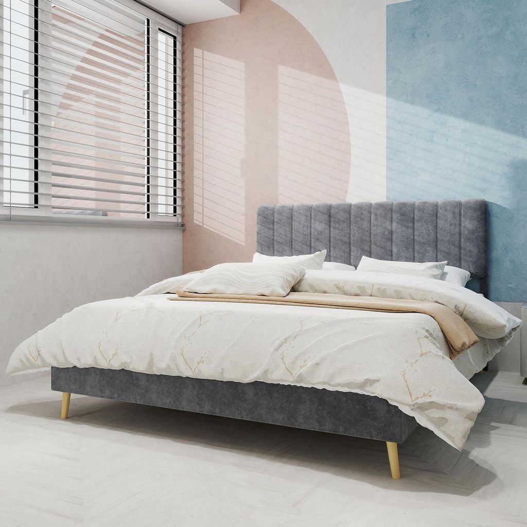 Sweiko Modern Minimalist Upholstered Bed with Soft Headboard, 160x200 cm, Grey, Multifunctional Bedroom Furniture, Low-Profile Base (Non-Storage De...