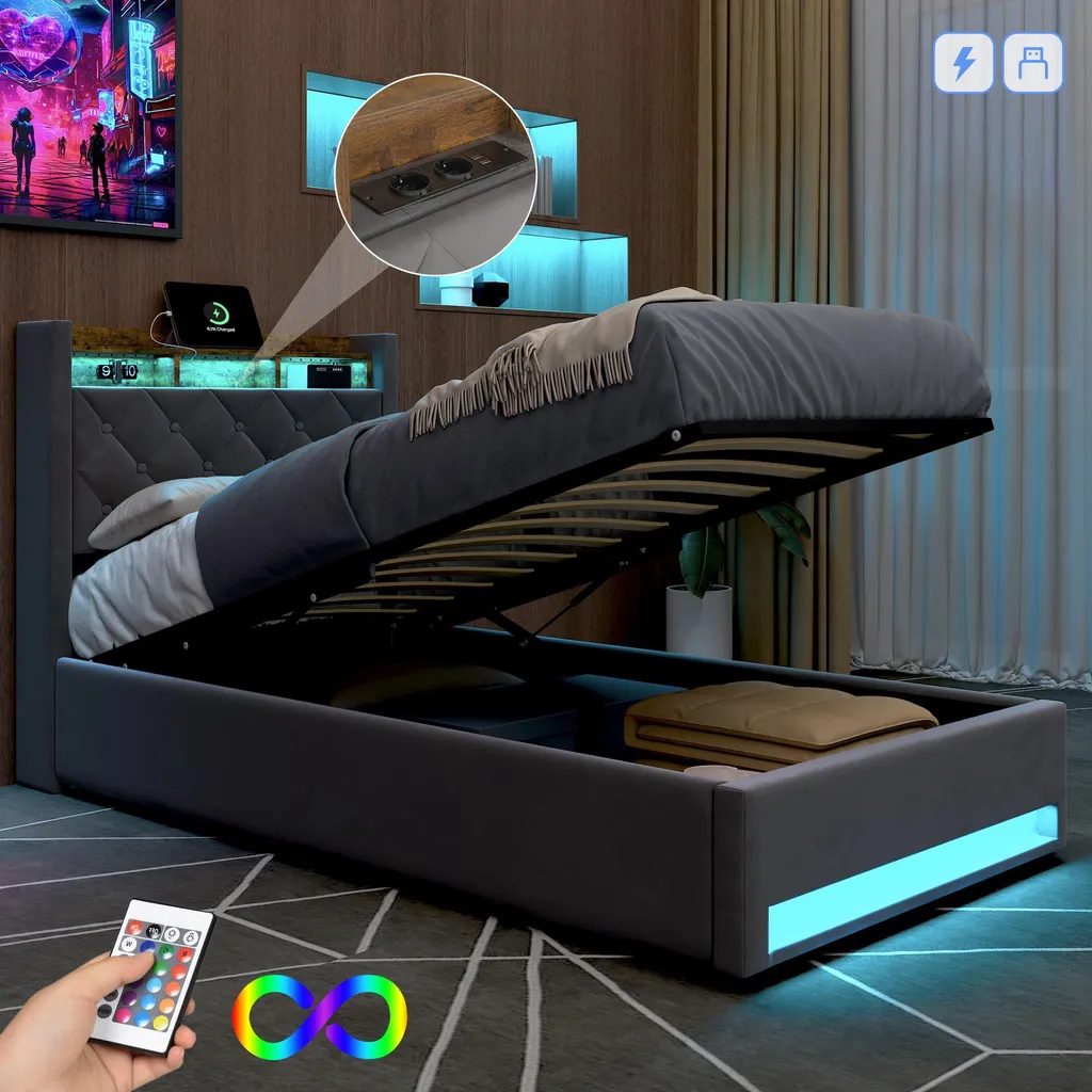 Optimisez votre petite chambre avec ce lit 90x190 à tiroirs et LED gris