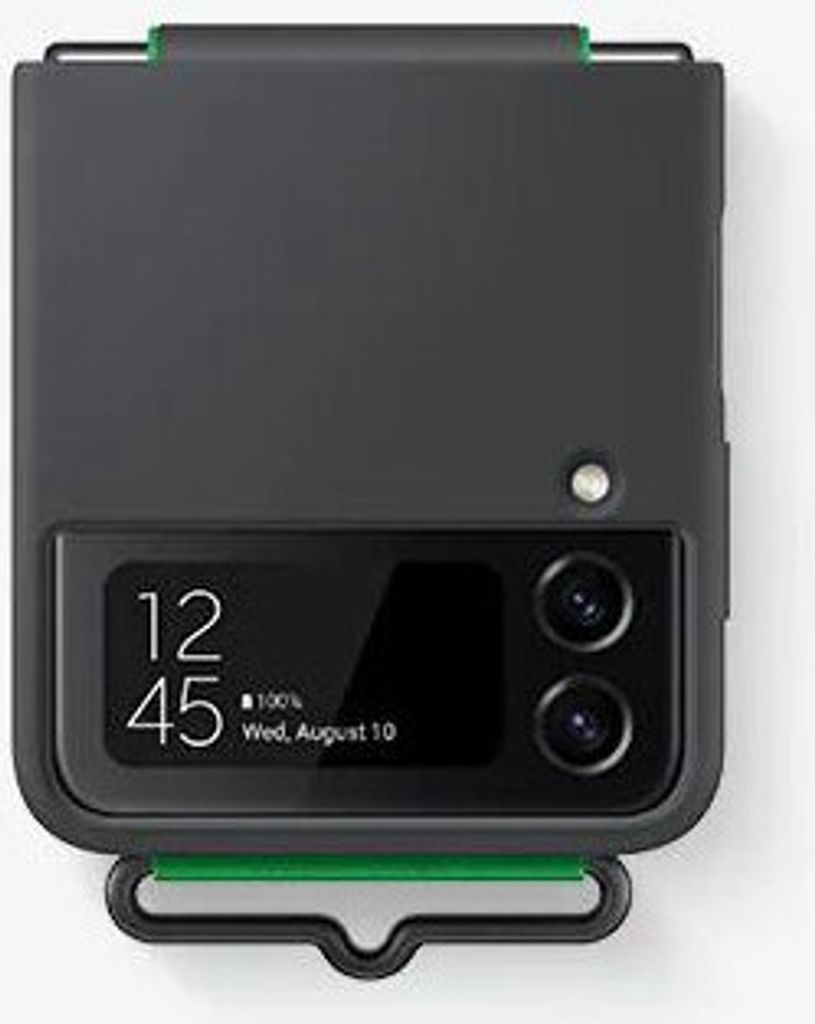 A dark gray phone case with a green ring accessory is shown against a white background.