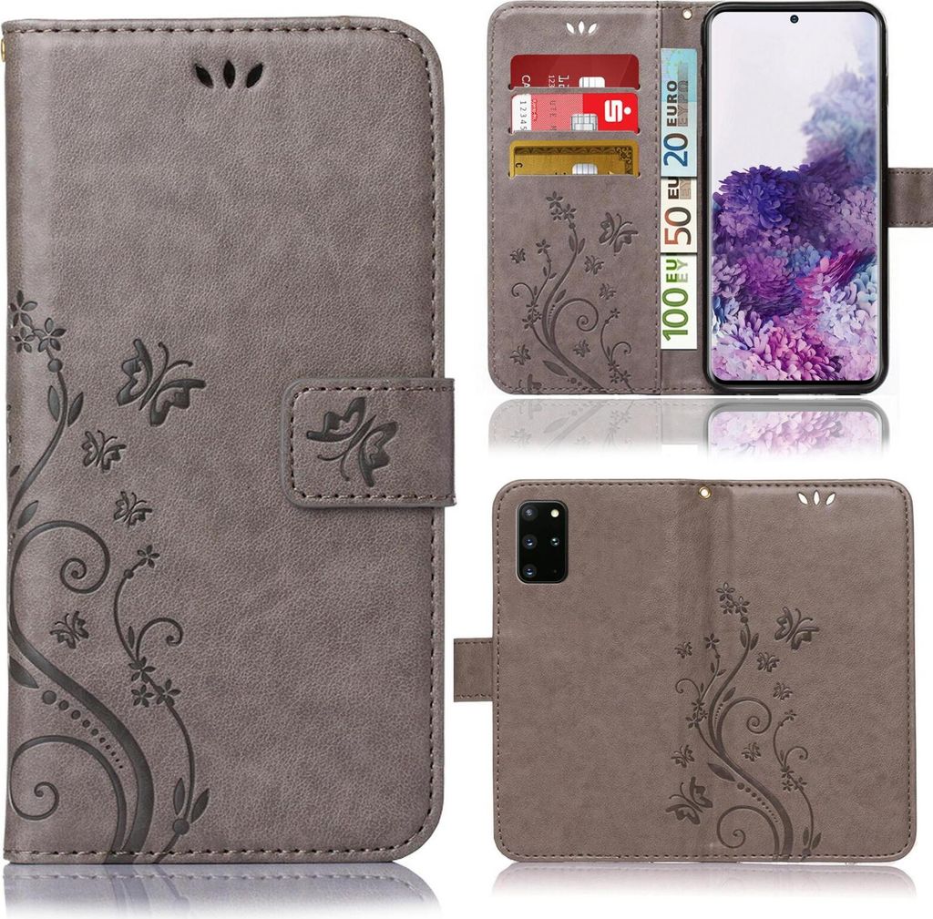 Handy Tasche für Samsung Galaxy S20 Plus Schutz Hülle Handyhülle mit Blumenmuster Klapp Hülle mit Standfunktion und Kartenfächer Grau