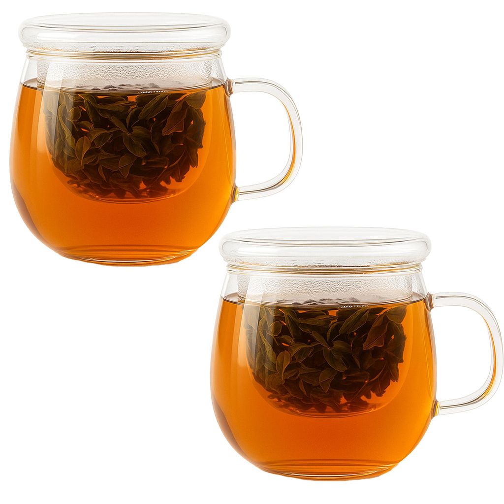 2er Set Glas Teetassen mit Teesieb & Deckel 440ml – Borosilikatglas, hitzebeständig, modern