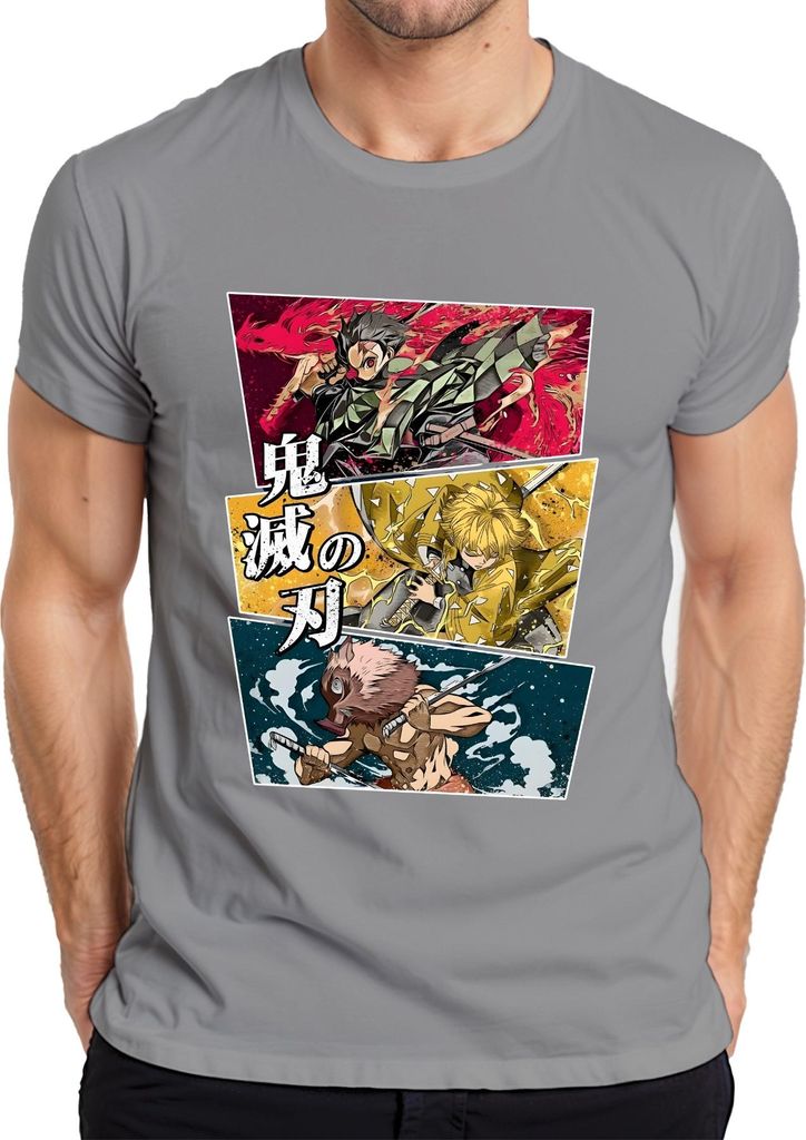 鬼滅の刃 Kimetsu no Yaiba Tanjiro Zenitsu Inosuke Anime Geschenk Herren T-Shirt, Grau, XXL