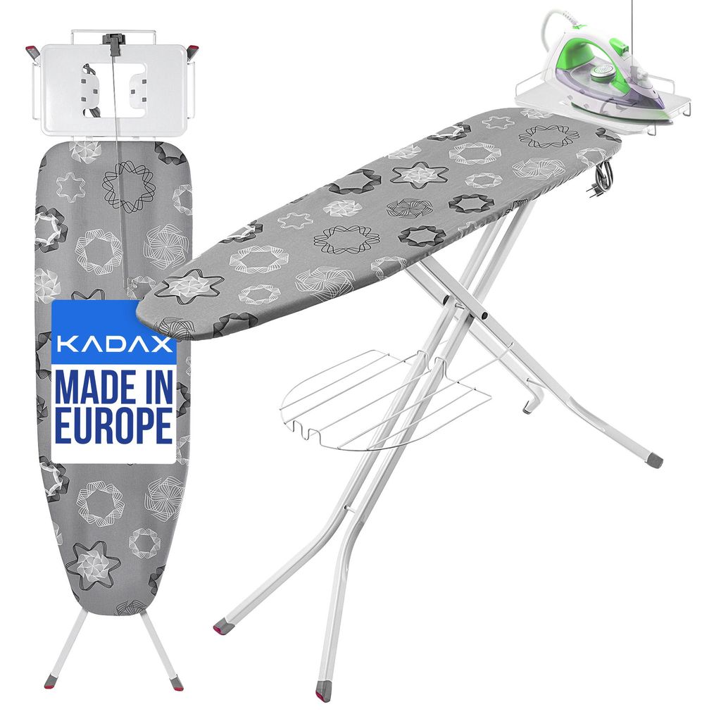 A KADAX ironing board with an iron on it, set against a white background.