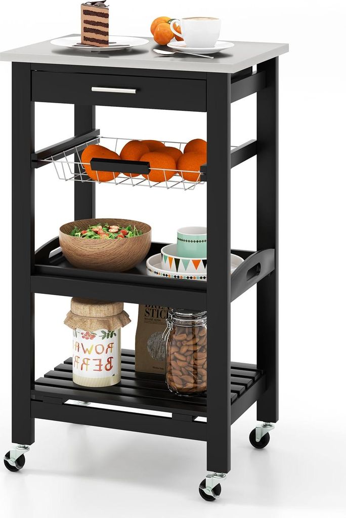 GOPLUS Servierwagen auf Rollen, Rollwagen mit ausziehbarer Metallkorb, Serviertablett, feststellbaren Rollen, Küchenwagen für Küche (Schwarz)