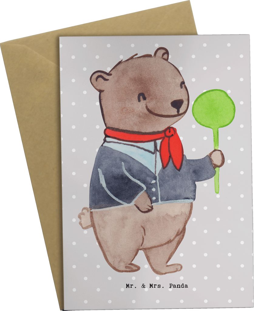 Mr. & Mrs. Panda Grußkarte Zugbegleiterin Herz - Grau Pastell - Geschenk, osterkarten, dankeskarten, weihnachtskarten, einladungskarten, osterkarte