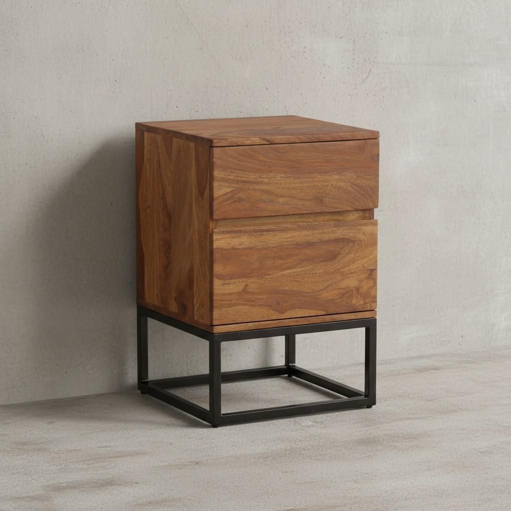 Nachttisch Sheesham Massivholz Metall 40x38x60 cm Nachtschrank Boxspringbett, Design Nachtkonsole mit 2 Schubladen, Nachtkommode Industrial mit Sta...