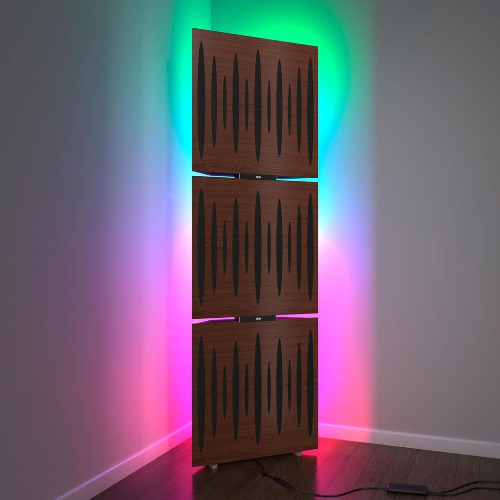 3er-Pack– Akustik-Bassfallen „PULSE“ mit Stehlampe | Mobiler Akustik-Eckständer mit LED-RGB-Hintergrundbeleuchtung | 150x50x10cm |Nussbaum