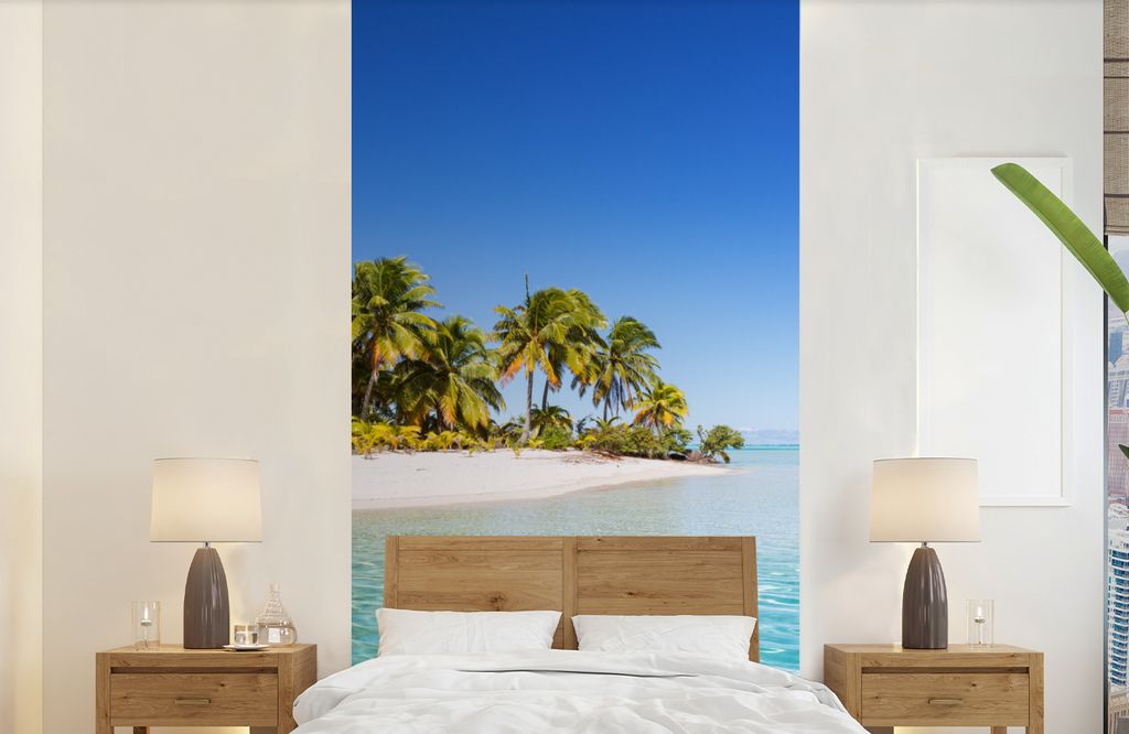 MuchoWow Fototapete für Wohnzimmer oder Schlafzimmer Wandtapete Vinyl Motivtapete Ein paar Palmen wachsen am weißen Strand von One Foot Island ...