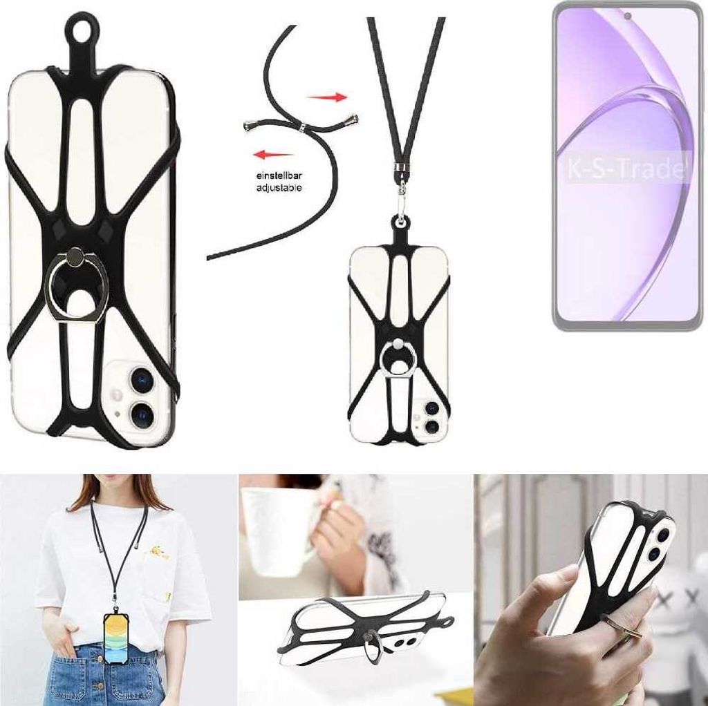 K-S-Trade 3in1 Handykette Handyband Handykordel Halsband Smartphone-Ring Handy-Ring kompatibel mit Oppo A80 5G Fingerhalterung Handyring Tischständer