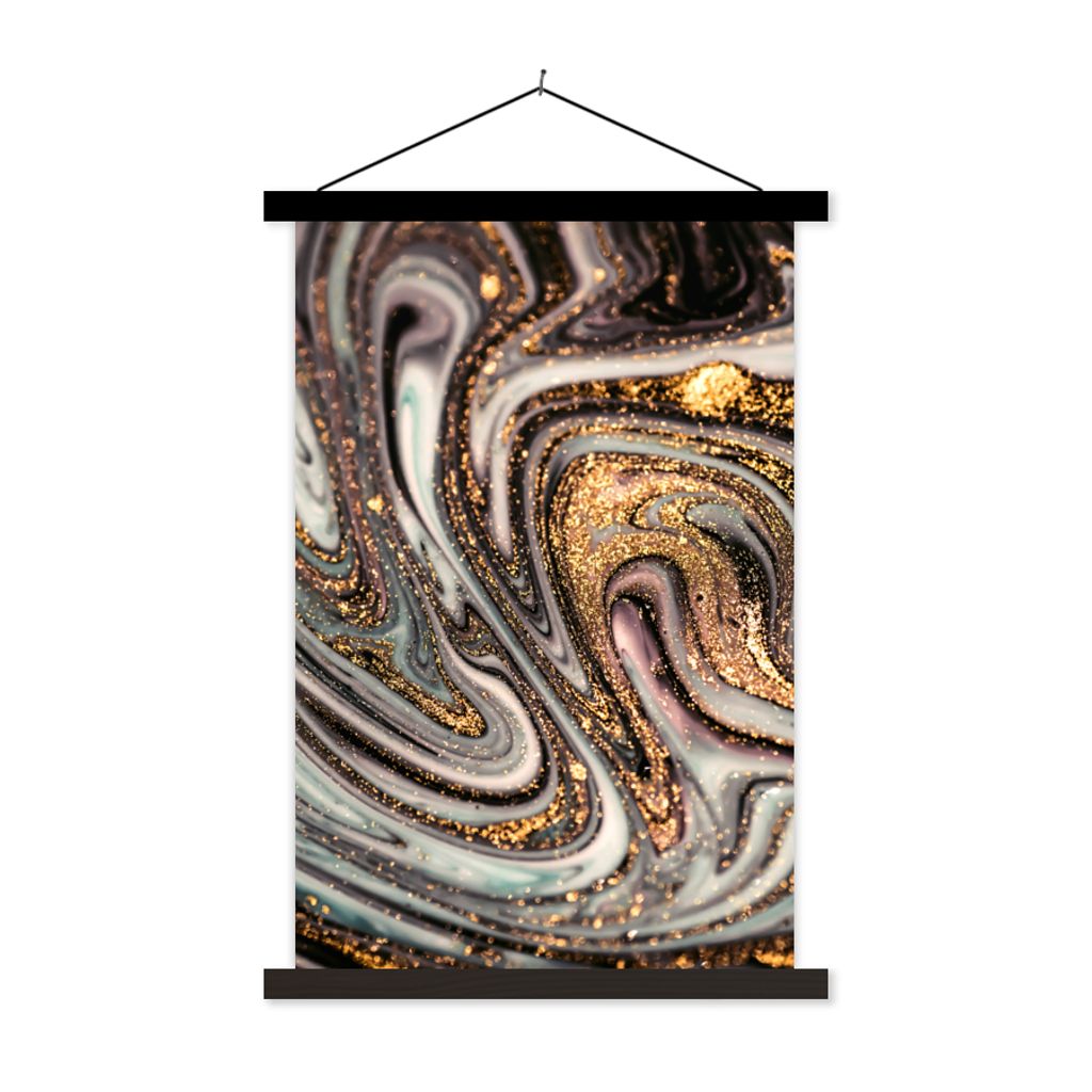 MuchoWow Textilposter Marmoroptik - Gold - Glitter - Luxus - Marmor - Weiß 40x60 cm mit schwarzem Rahmen - Wanddekorationen