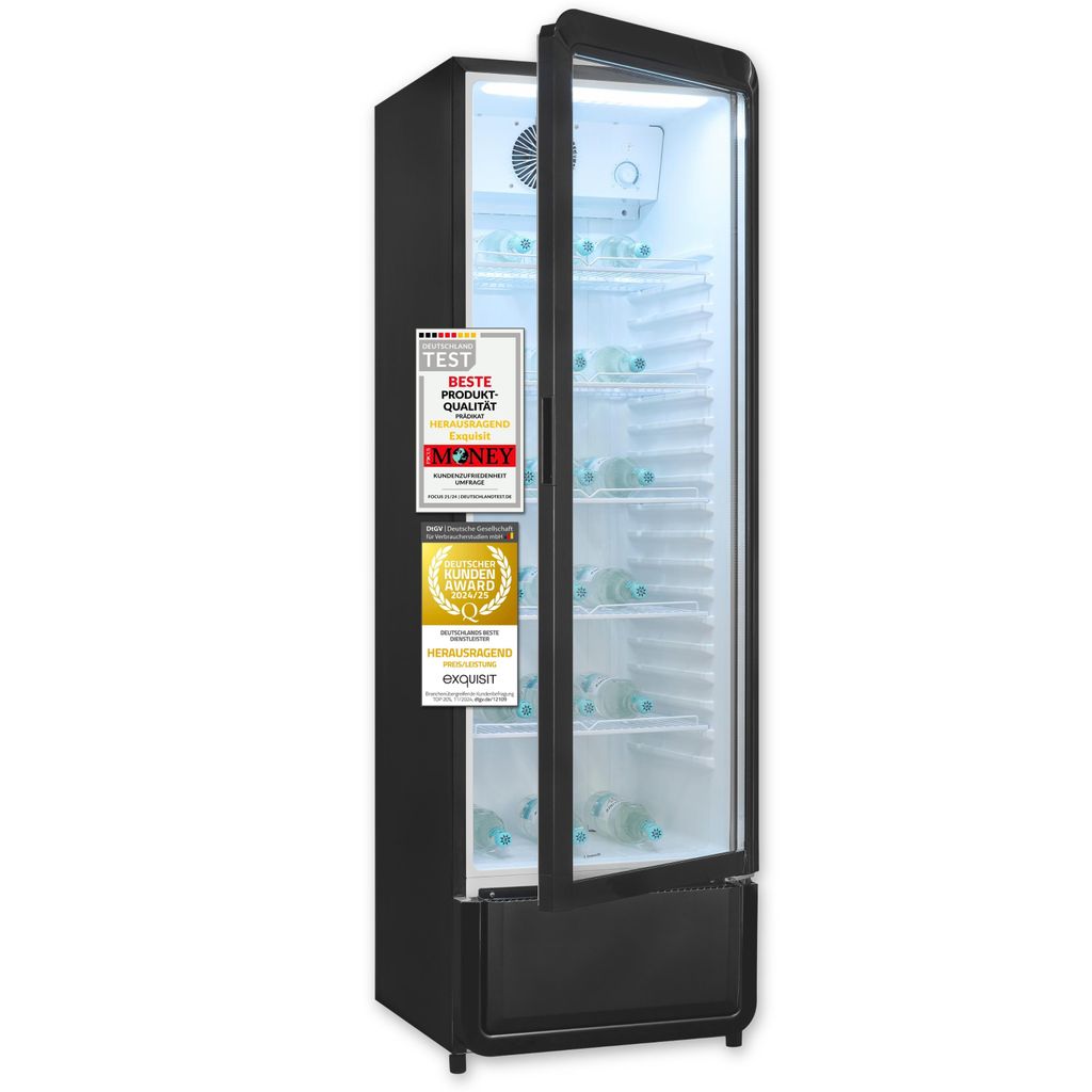 Exquisit Glastürkühlschrank, 280l Getränkekühlschrank mit LED, Umluft, 5 verstellbare Ablagen, CoolPro, GK5S260-GT-431D schwarz