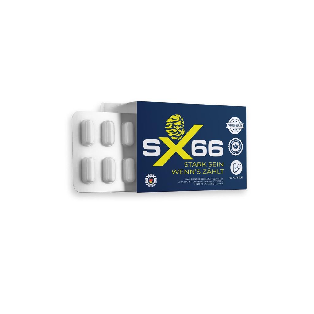 A product box for dietary supplements, with a blister pack of capsules partially visible.