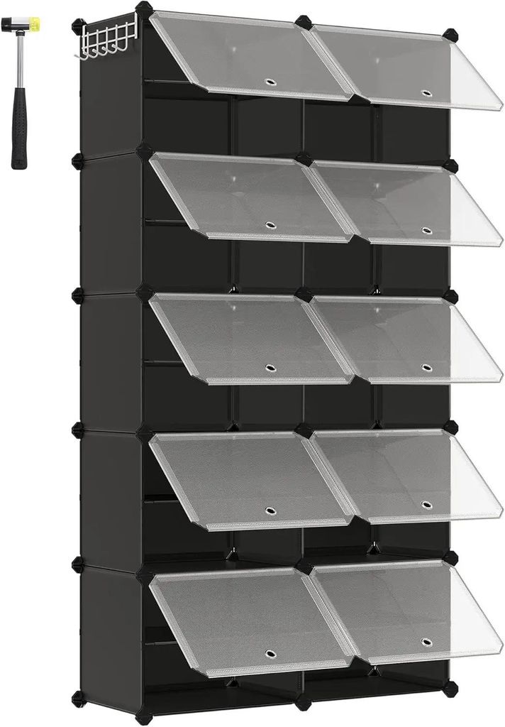 Schuhregal - Schuhschrank - 10 Fächer - 30×40×30 cm Je Fach - Schmal - Mit Türen - Stahlrahmen & Kunststoff - Weiß