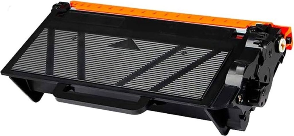 A black and orange toner cartridge is shown against a white background.