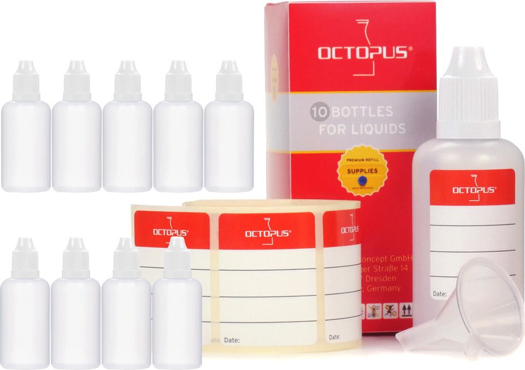 10 Plastikflaschen 50 ml aus LDPE, G14, Tropfverschluss, Deckel weiss mit Minitrichter