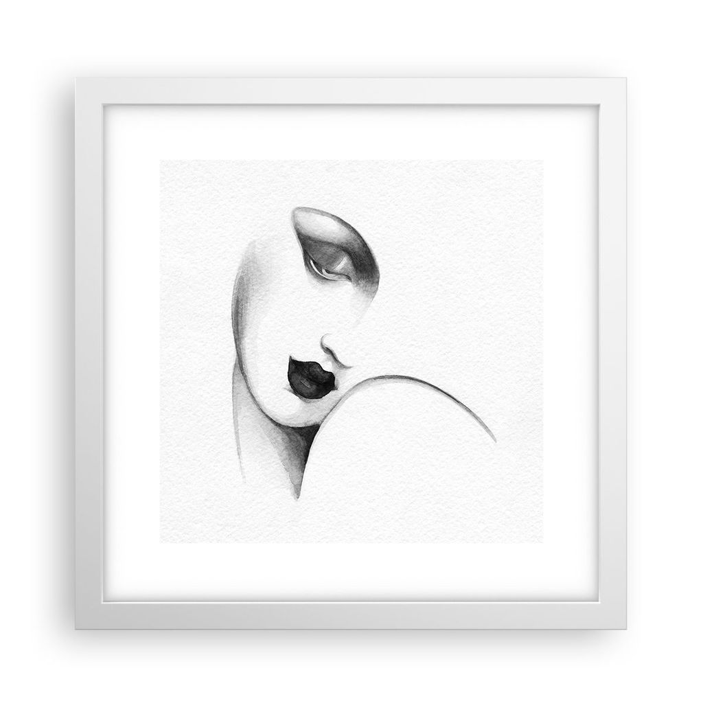 Gerahmtes Poster - Weißer Rahmen - Porträt Frau Skizze - 30x30 cm - Wand Bild - Wanddeko - Wandbilder - Kunstposter - Wandposter - Bilderrahmen -...
