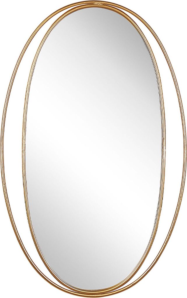 A gold oval mirror with a double frame.