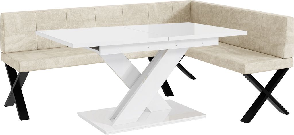 MEBLINI Eckbank für Esszimmer mit ausziehbarem Tisch - Küchenbank - Essecke - Sitzecke Küche - PETER - X-Beine 142x196x87cm Rechts - Creme Samt/...