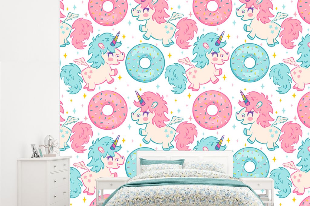MuchoWow Fototapete für Wohnzimmer oder Schlafzimmer Wandtapete Vinyl Motivtapete Einhorn - Donut - Baby - 265x220 cm - Die Küche