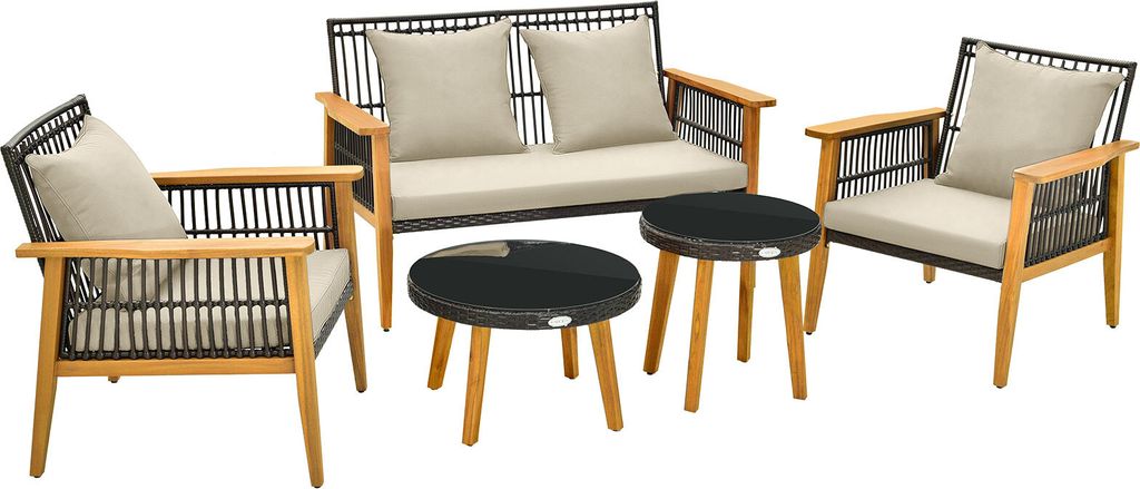 COSTWAY 5-tlg. Polyrattan Gartenmöbel Set Akazienholz, Sitzgruppe Gartenbank & 2 Gartenstühle, 2 Couchtische, Sitz- und Rückenkissen, Terrassenm...