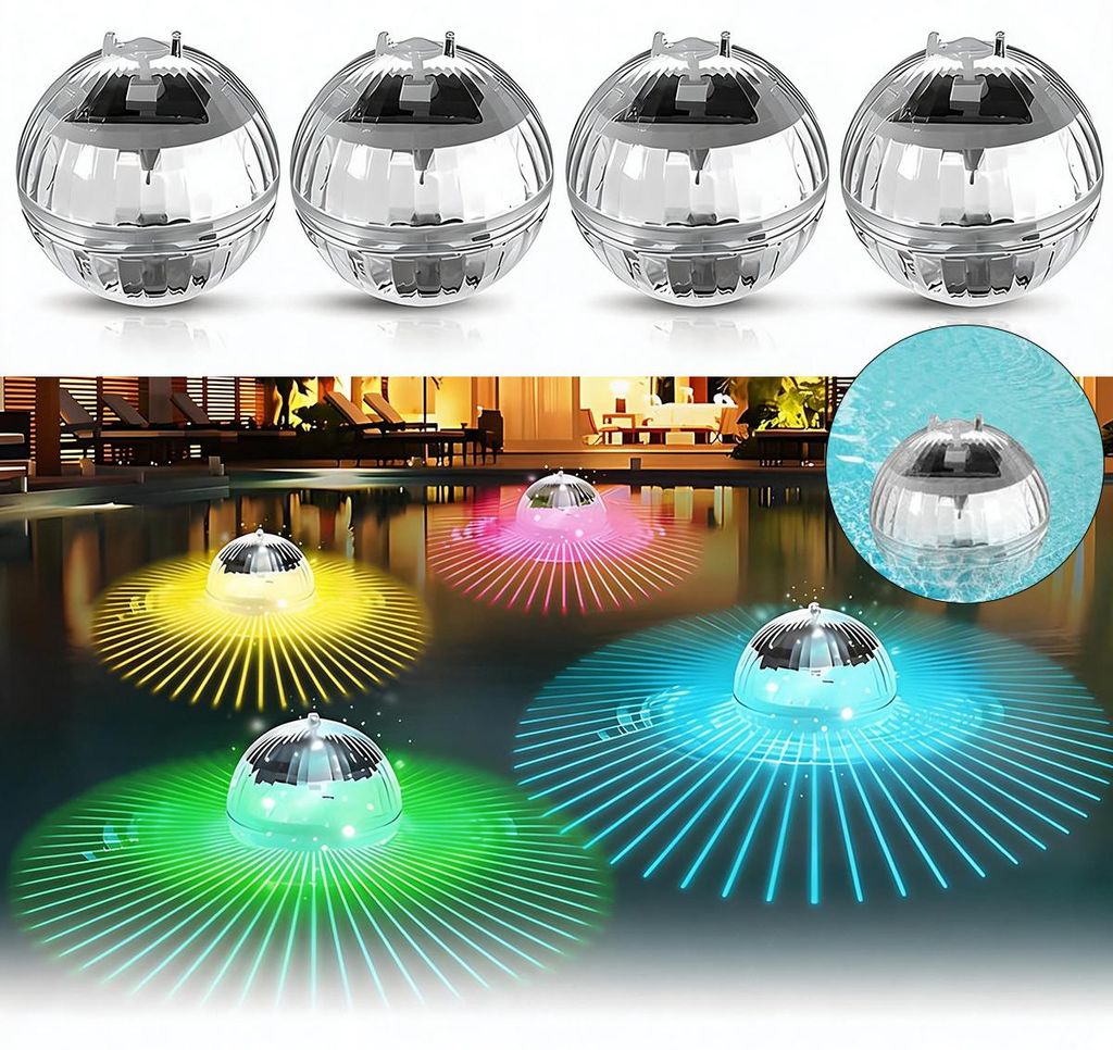 4 Stück Solar Schwimmende Poolbeleuchtung, Poolbeleuchtung Solar, 7 Farben RGB Pool Lichter Schwimmend, Solar Schwimmlichter, Schwimmkugel Sola