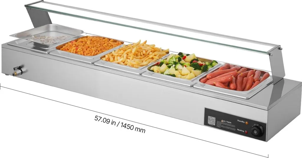 Bain-marie de buffet en inox 1,5 kW avec vitrine en verre chaud